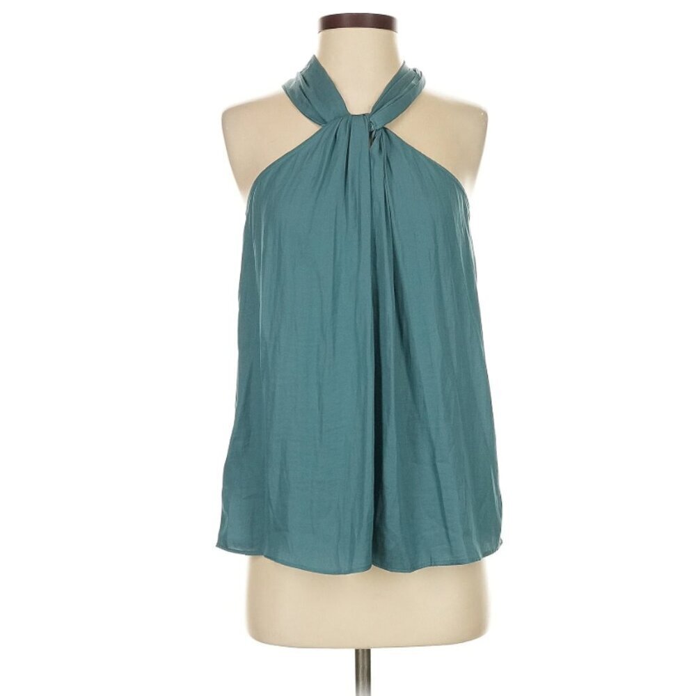 Loft Sleeveless Blouse Blue Green Knot Keyhole Twist High Neck